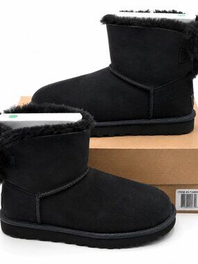 UGG Mini Bailey Bow II Women's 8 Black Sheepskin Suede Ankle Boots 1016501-BLK